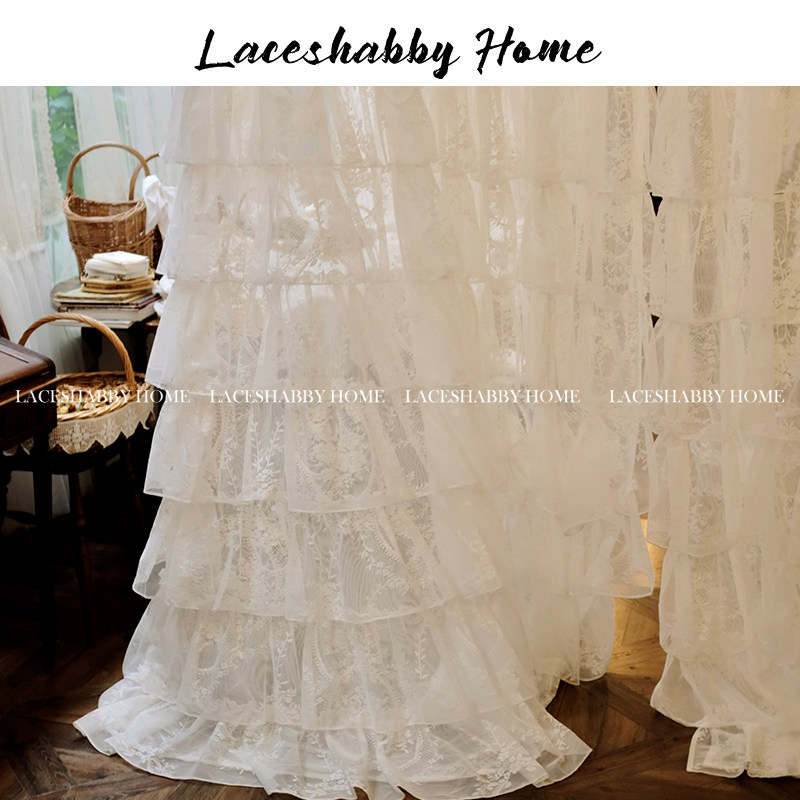 LACESHABBY新款法式复古浪漫白色碎花蕾丝公主荷叶边窗纱窗帘纱帘