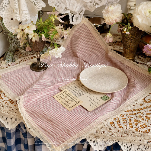 法式复古蕾丝棉麻格子方形餐巾