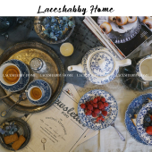 饰蓝色碎花浮雕陶瓷餐具合集 复古家居装 LACESHABBY新款 法式