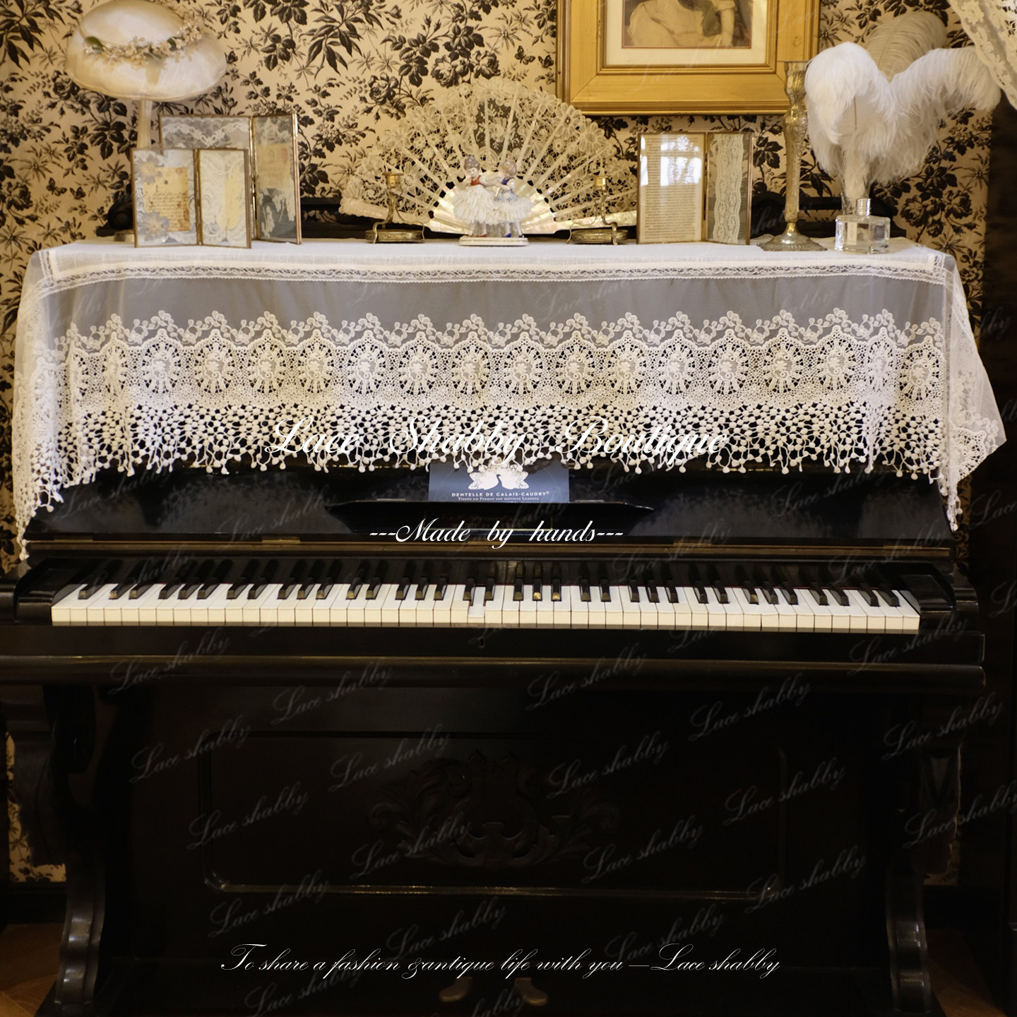 太浪漫了！LACESHABBY南法中古风棉麻蕾丝白色钢琴盖巾防尘钢琴罩