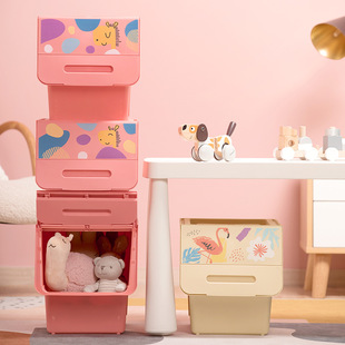 茶花卡通翻盖收纳箱家用儿童玩具收纳箱衣服棉被侧开式 置物箱3个