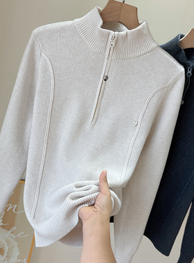 秋冬加绒新品立领长袖半拉链针织衫短款上衣保暖一体绒毛衣半开领
