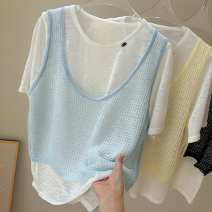 薄款 小衫 假两件短袖 胖mm针织衫 上衣女休闲T恤 宽松大码 2026新品