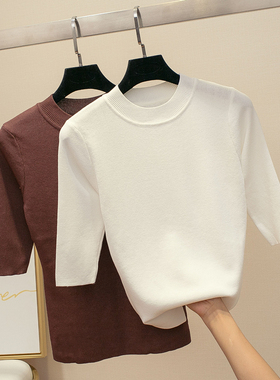 冰丝秋装女2025新款春装白色半高领五分中袖针织衫女半袖t恤打底