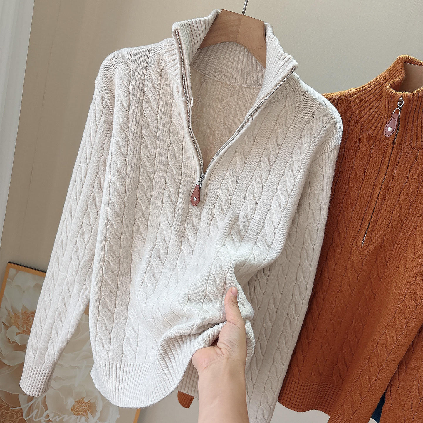 经典麻花羊绒半高领半拉链针织衫女宽松慵懒风打底厚款保暖毛衣