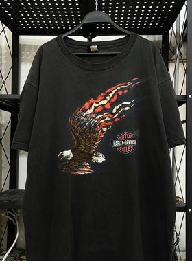 哈雷美式复古印花vintage小众潮牌高街重磅纯棉短袖T恤衫男女同款