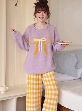 小熊睡衣女冬款半边绒2025新款加绒加厚保暖珊瑚绒家居服紫色套装