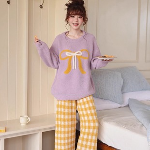 小熊睡衣女冬款半边绒2025新款加绒加厚保暖珊瑚绒家居服紫色套装