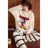 米奇睡衣女冬款 秋季 半边绒加绒加厚长袖 可爱卡通条纹家居服套装