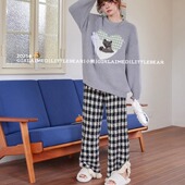 小熊家居服女冬款 加厚加绒珊瑚绒睡衣套装 可爱猫咪睡衣格子裤 长袖