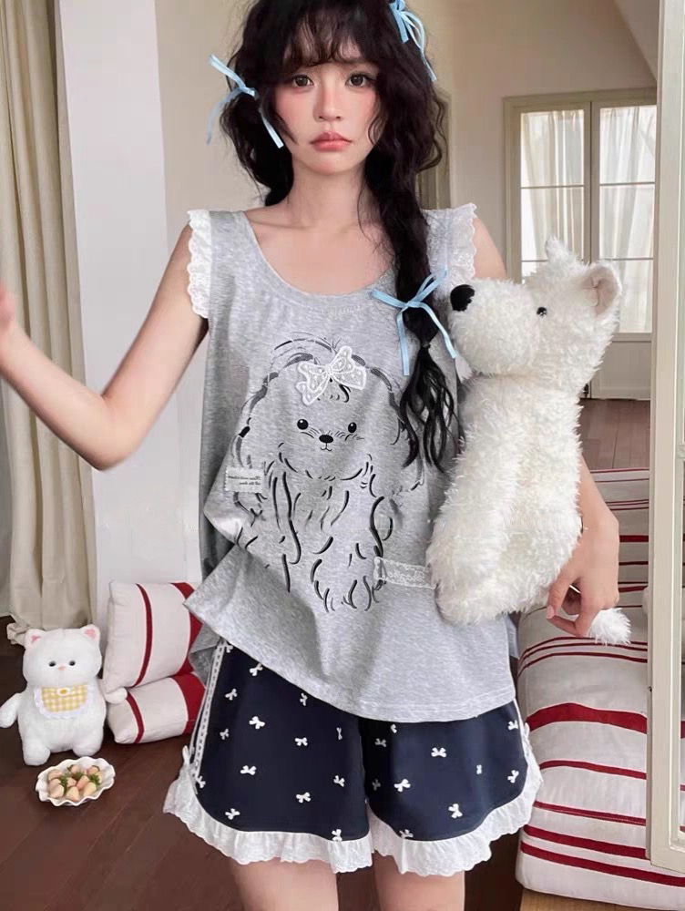 纯棉睡衣女夏天2025新款卡通小狗蕾丝花边背心无袖短裤家居服套装