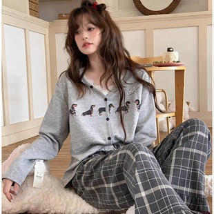 小熊家居服女春秋纯棉V领花边宽松减龄卡通韩版长袖灰色睡衣套装