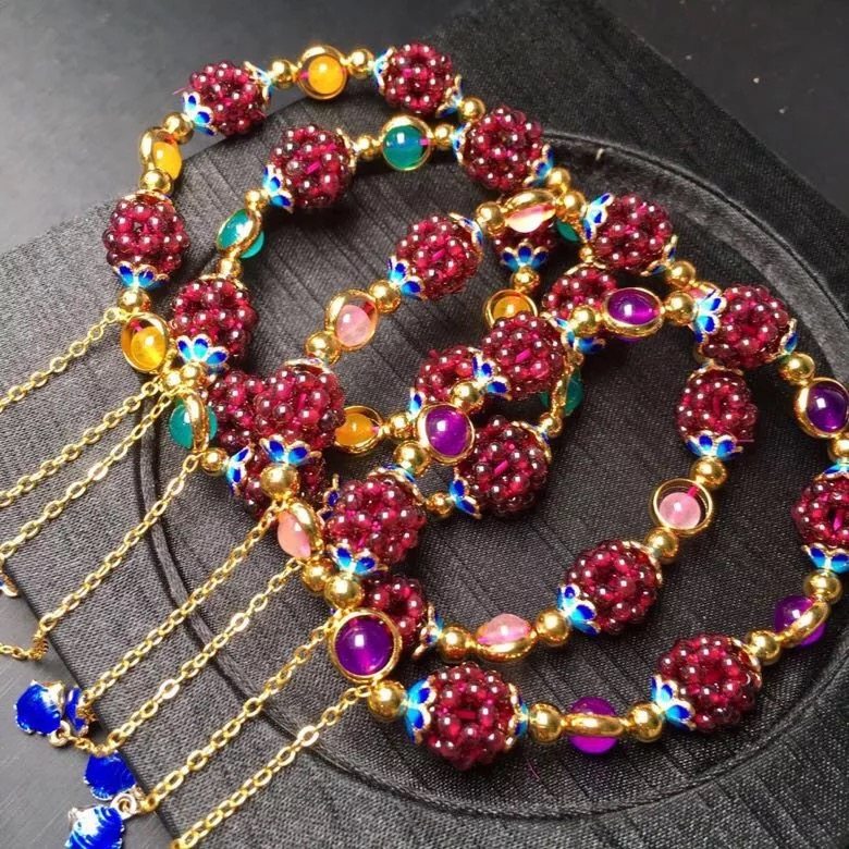 纯天然酒红石榴石编织圆球手链配天河石黄玉髓薰衣草紫水晶女士款