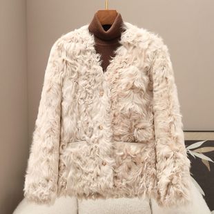 2025秋冬毛毛大衣季海宁新品V领小湖羊皮毛一体皮草外套高端气质