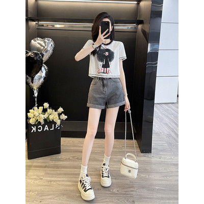 a字牛仔短裤休闲套装女夏季小个子穿搭一整套炸街时尚洋气两件套