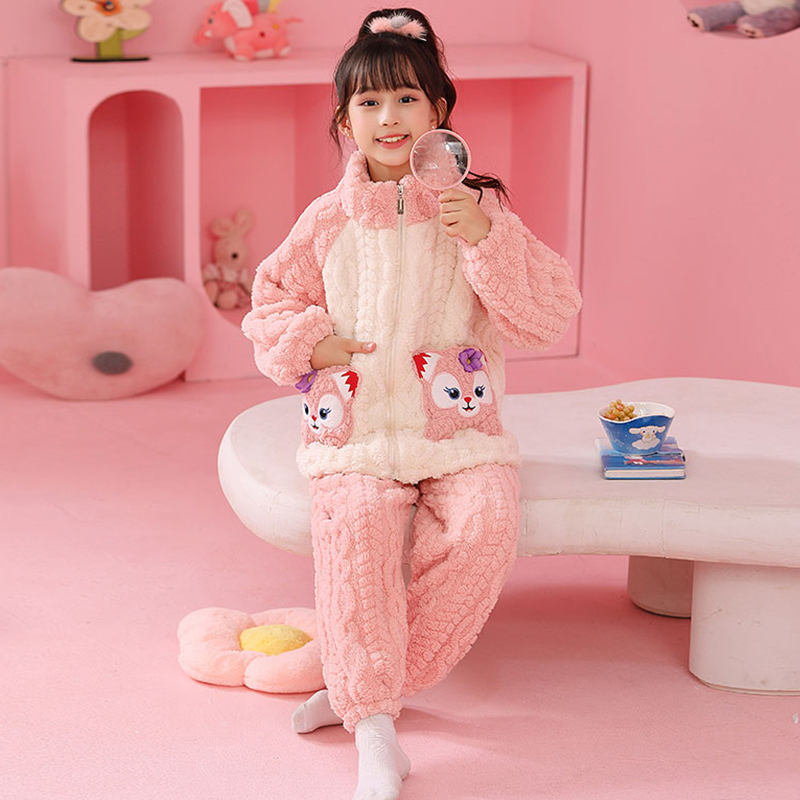 儿童秋冬睡衣拉链加绒加厚保暖儿童家珊瑚绒女孩宝宝长袖冬天套装
