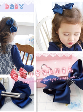 韩国进口儿童发头饰韩版蓝色缎带蝴蝶结宝宝发夹气质款女童孩边夹