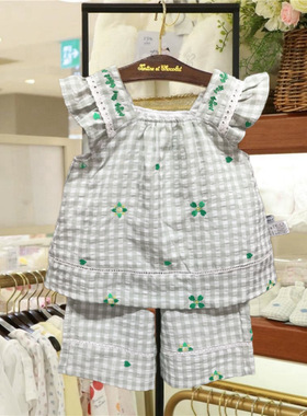 原D韩版童装夏季新款女童格子吊带背心休闲短裤两件套装MS452001