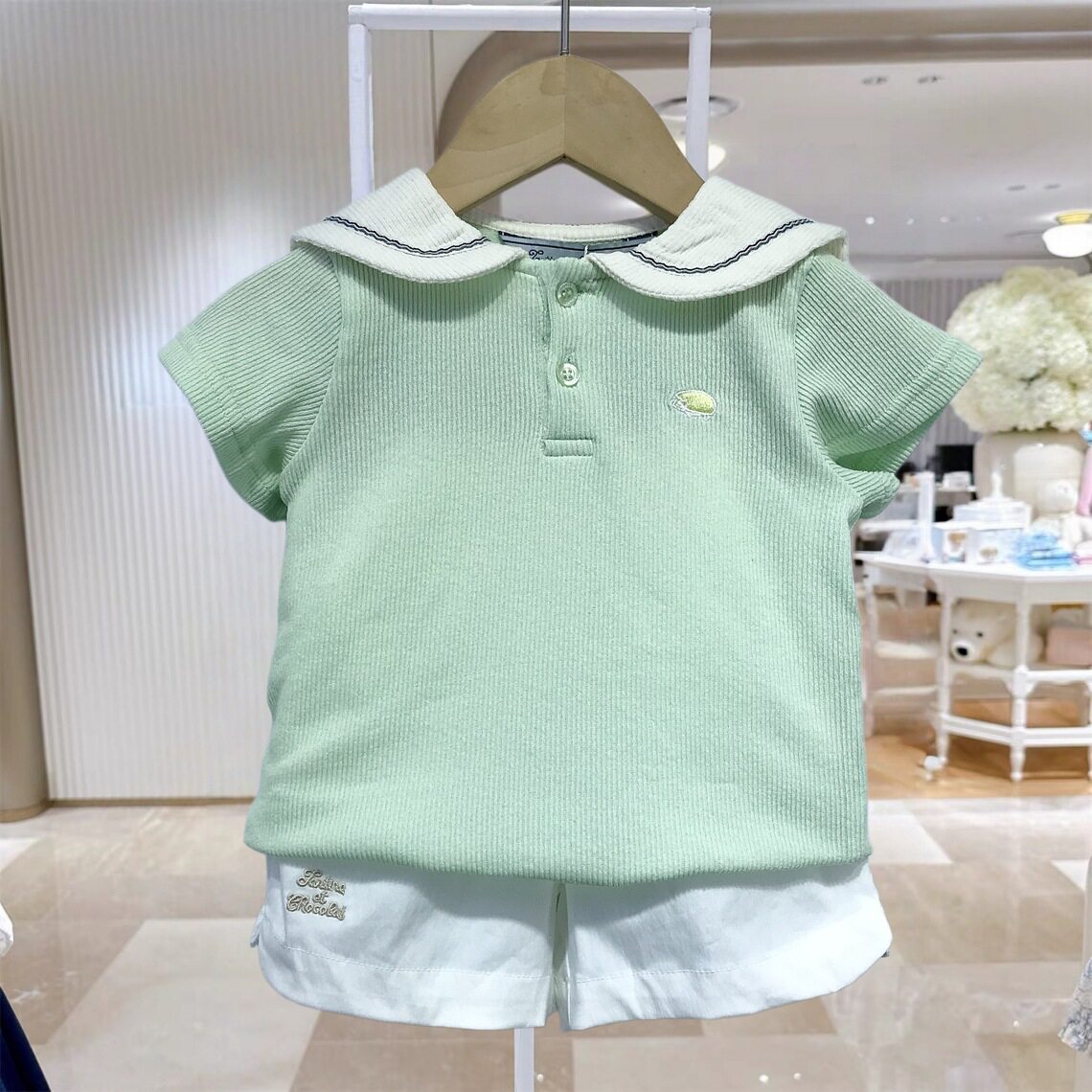 YD韩版童装夏款女小童宝宝海军风短袖T恤白短裤两件套装TZ6043001