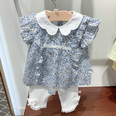 原D韩版女童夏季飞边袖T恤连衣裙式上衣MS332904白色7分裤MS34080