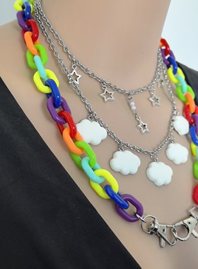 多巴胺彩虹链条白色云朵星星项链女十字架多层套装走秀项链