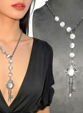 复古皇冠钥匙仿猫眼石项链女小众设计感高级感长款Y型锁骨链