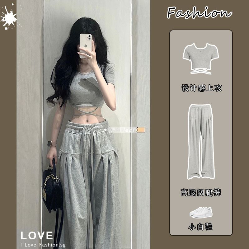套装女2025夏季新款辣妹短款短袖T恤设计感上衣高腰显瘦阔腿裤