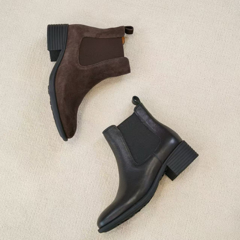 正品德芙琳切尔西靴女复古鹿皮短靴粗跟单靴头层牛皮烟管靴春秋新