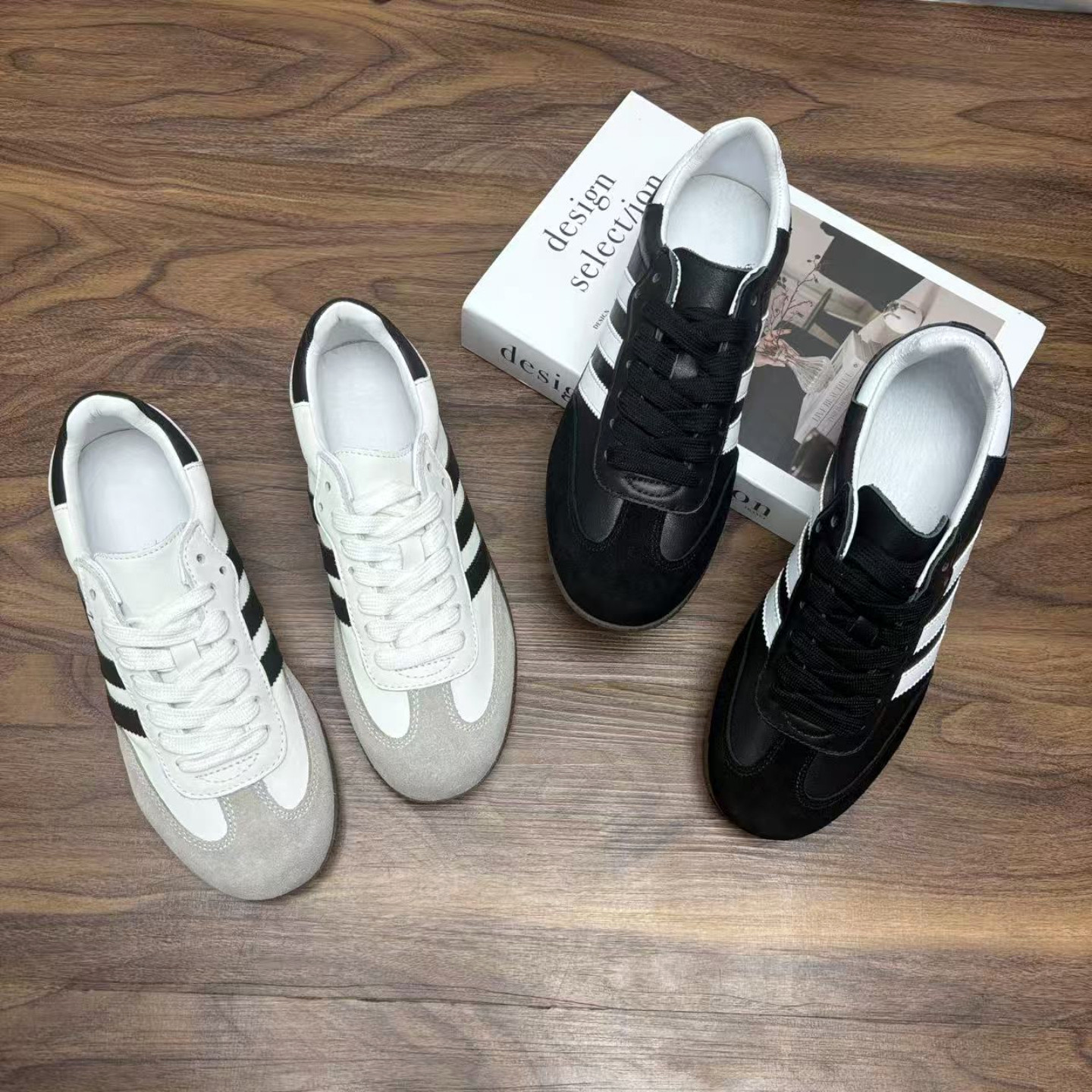 高版真皮糖果色三条杠德训鞋女平底运动休闲鞋阿甘鞋舒适柔软透气