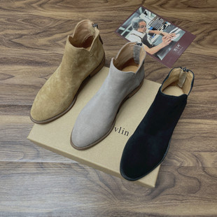 圆头粗跟薄款 德芙琳鹿皮女靴超火炸街高级感配裙子穿 小短靴夏季