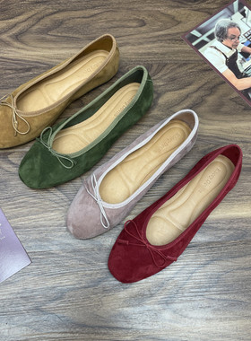 德芙琳鹿皮红色芭蕾鞋外穿小红鞋绒面平底鞋蛋卷鞋圆头蝴蝶结单鞋