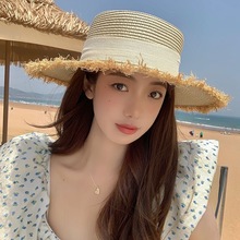 法式草帽女夏季海边沙滩度假遮阳防晒花边蕾丝大帽檐显脸小太阳帽