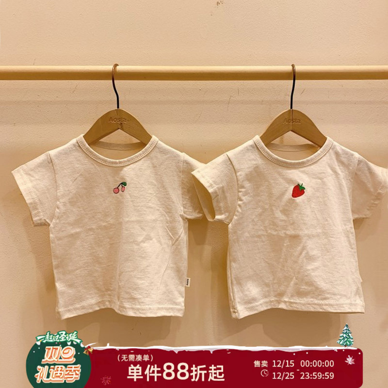 夏装宝宝短袖上衣薄款简约樱桃草莓T恤小童体恤男女婴儿纯棉衣服