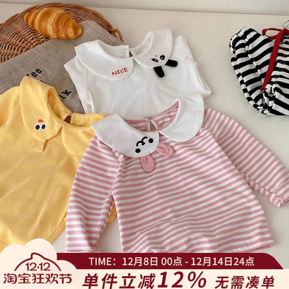 女宝宝卡通娃娃领上衣可爱条纹T