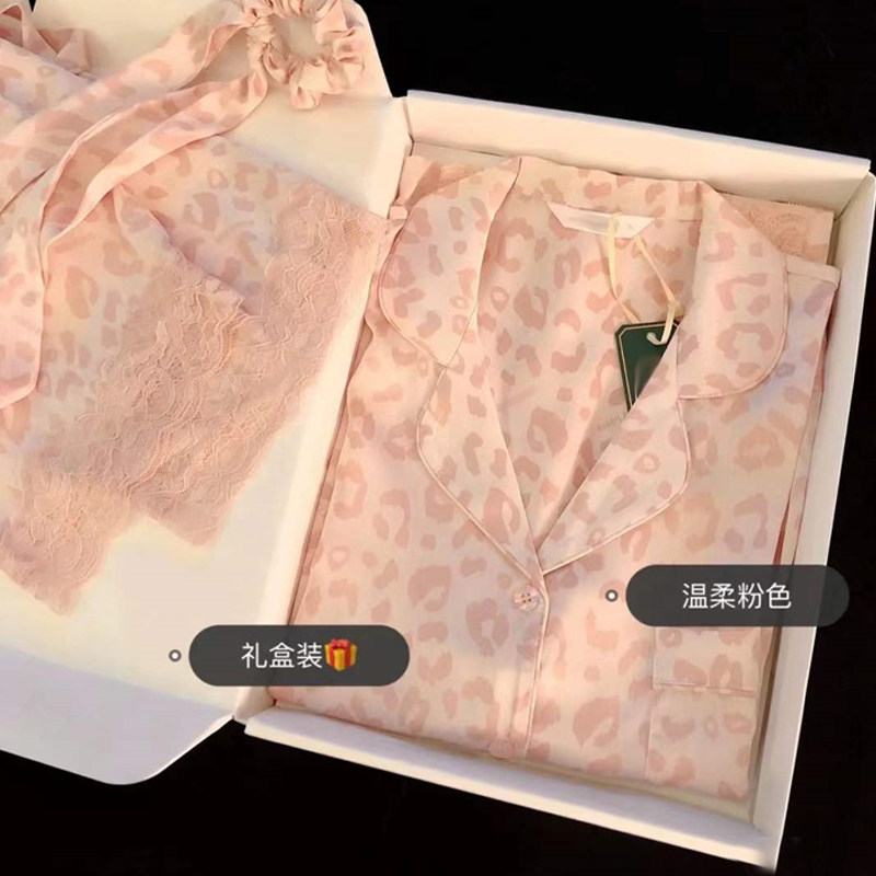 女绸缎蕾丝豹纹睡衣家居服