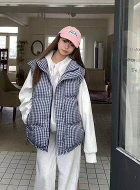2025新款秋冬季蓝格纹背心无袖上衣时尚外搭ins同款棉袄马甲男女