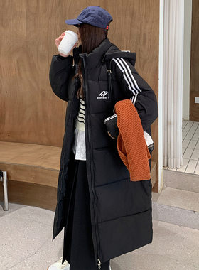 2025新款3条杠棉服女长款过膝加厚韩版宽松运动风ins冬装外套潮