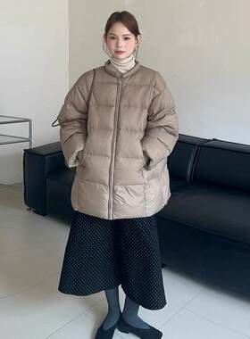 冬季新款时尚百搭圆领加厚中长款保暖棉服外套冬天棉服女