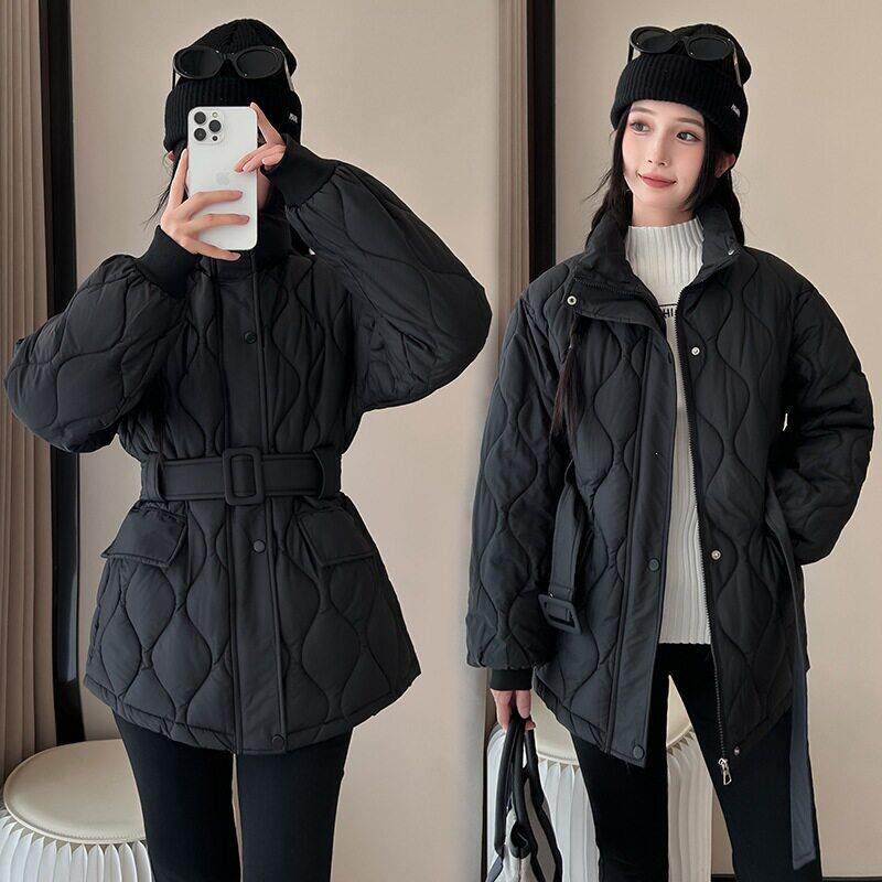 收腰系带菱格羽绒棉棉服女立领短款灯笼袖加厚显瘦冬季棉衣外套