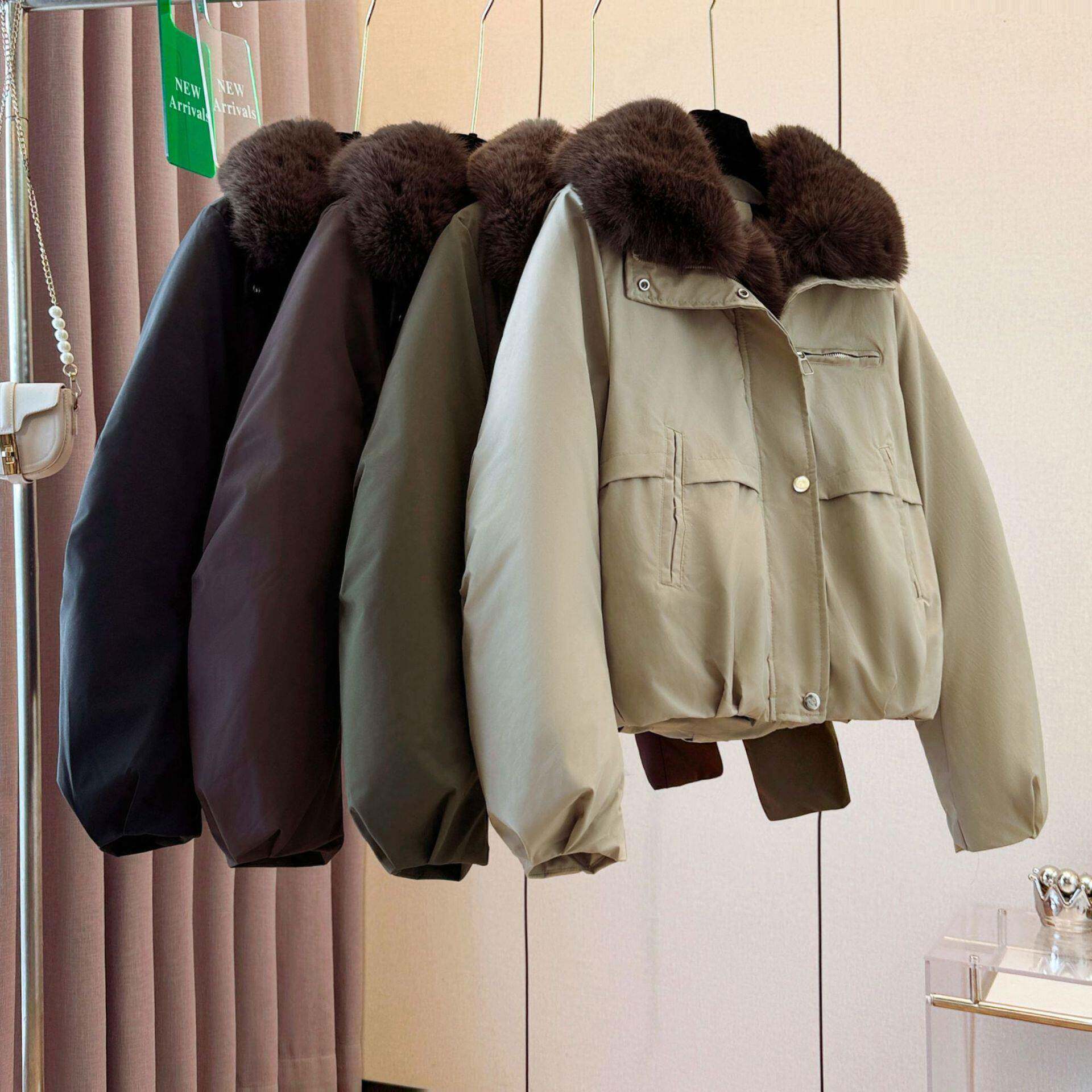 大毛领工装羽绒棉棉服女秋冬短款宽松加厚派克服女通勤百搭棉衣