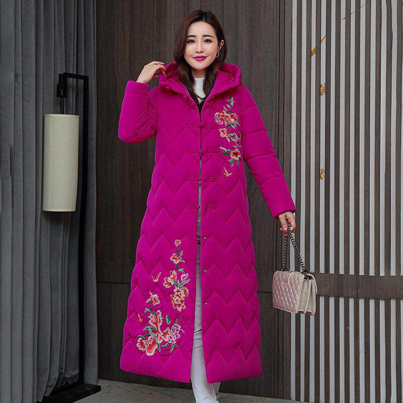 复古民族风盘扣刺绣时尚棉衣女中长款妈妈棉袄过膝棉服中国风外套