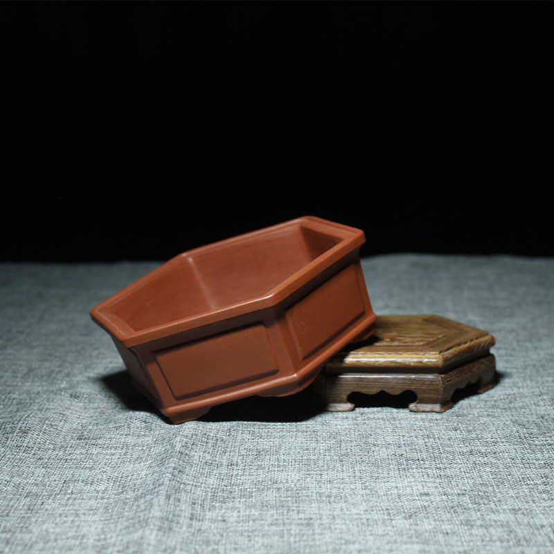 宜兴民间手工紫砂花盆 六方花盆 精品菖蒲盆 盆景盆紫砂老花盆