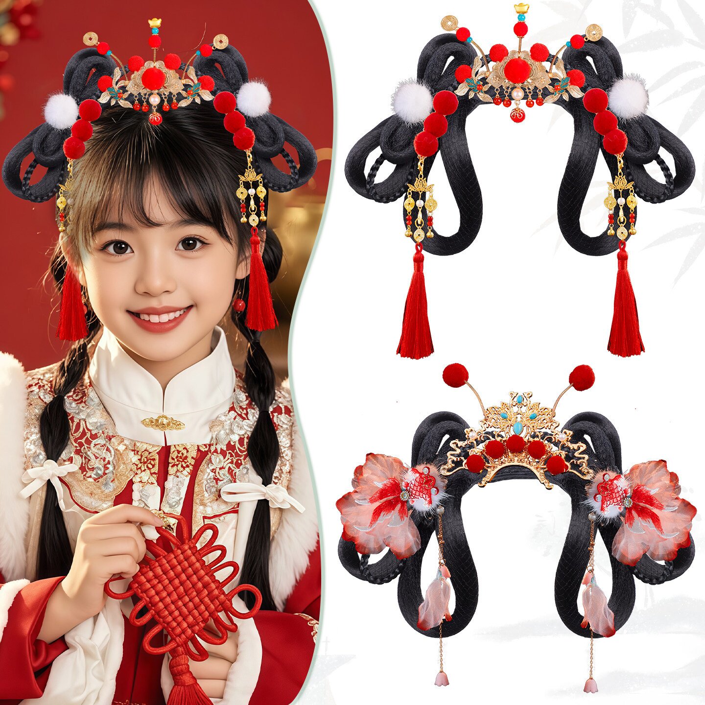 女童古风假发包汉服一体式儿童古装日常造型发髻新年喜庆红色发饰