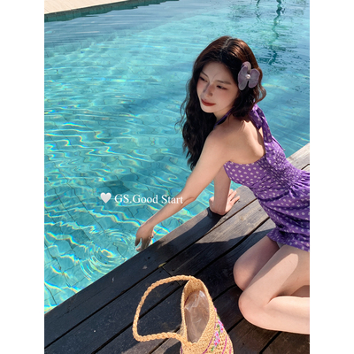 夸的美衣～元气紫闭眼冲春夏纯欲甜美度假风碎花挂脖连衣裙D0370E