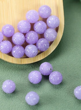 天然玉石约12mm紫翡通孔圆珠雕刻珠DIY手链饰品半成品散珠子