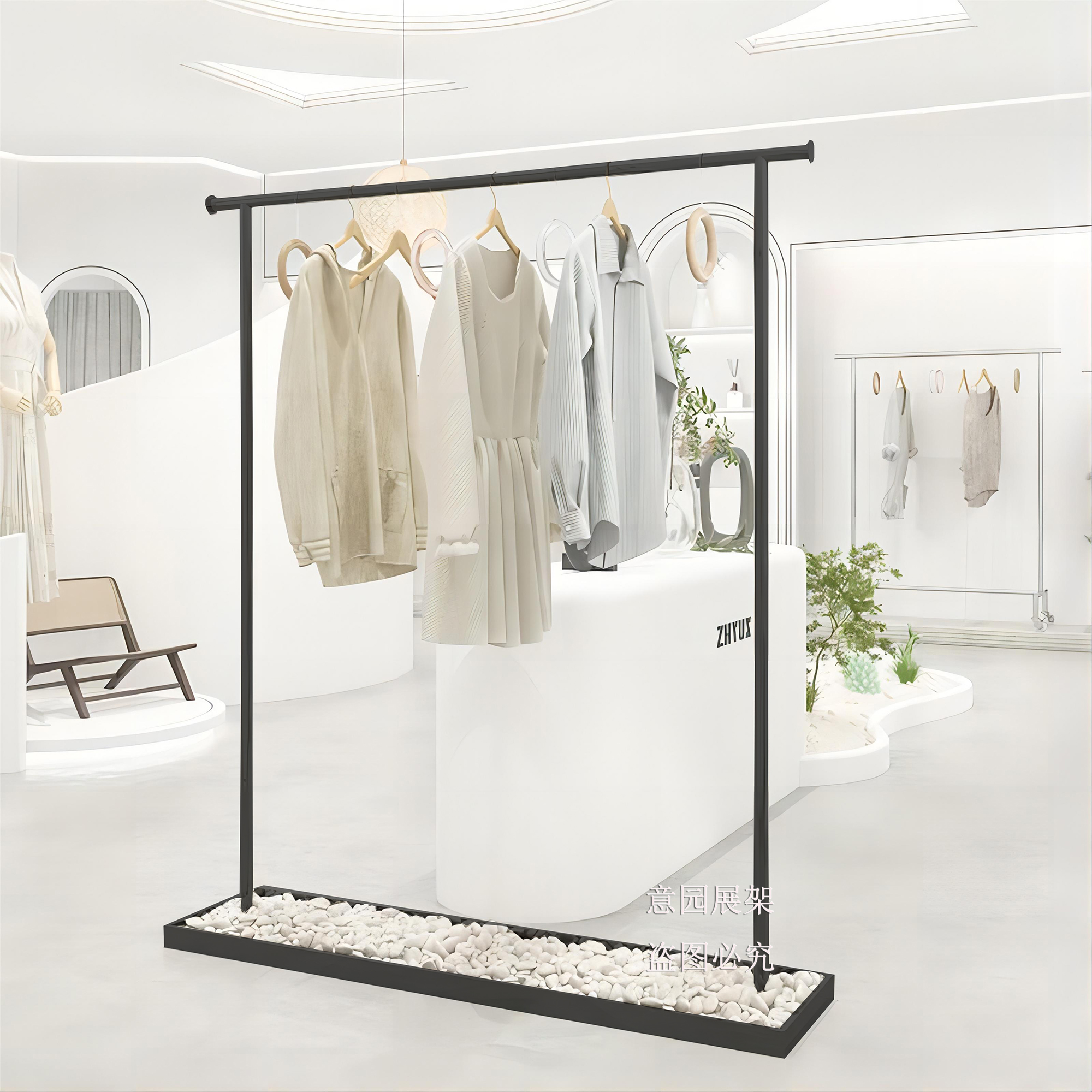 高档服装店落地式展示架创意个性中岛架挂衣架简约现代哑光黑货架