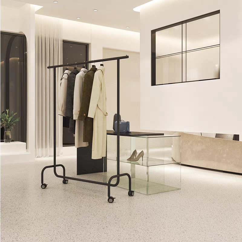 服装店哑光黑现代挂衣架带万向轮