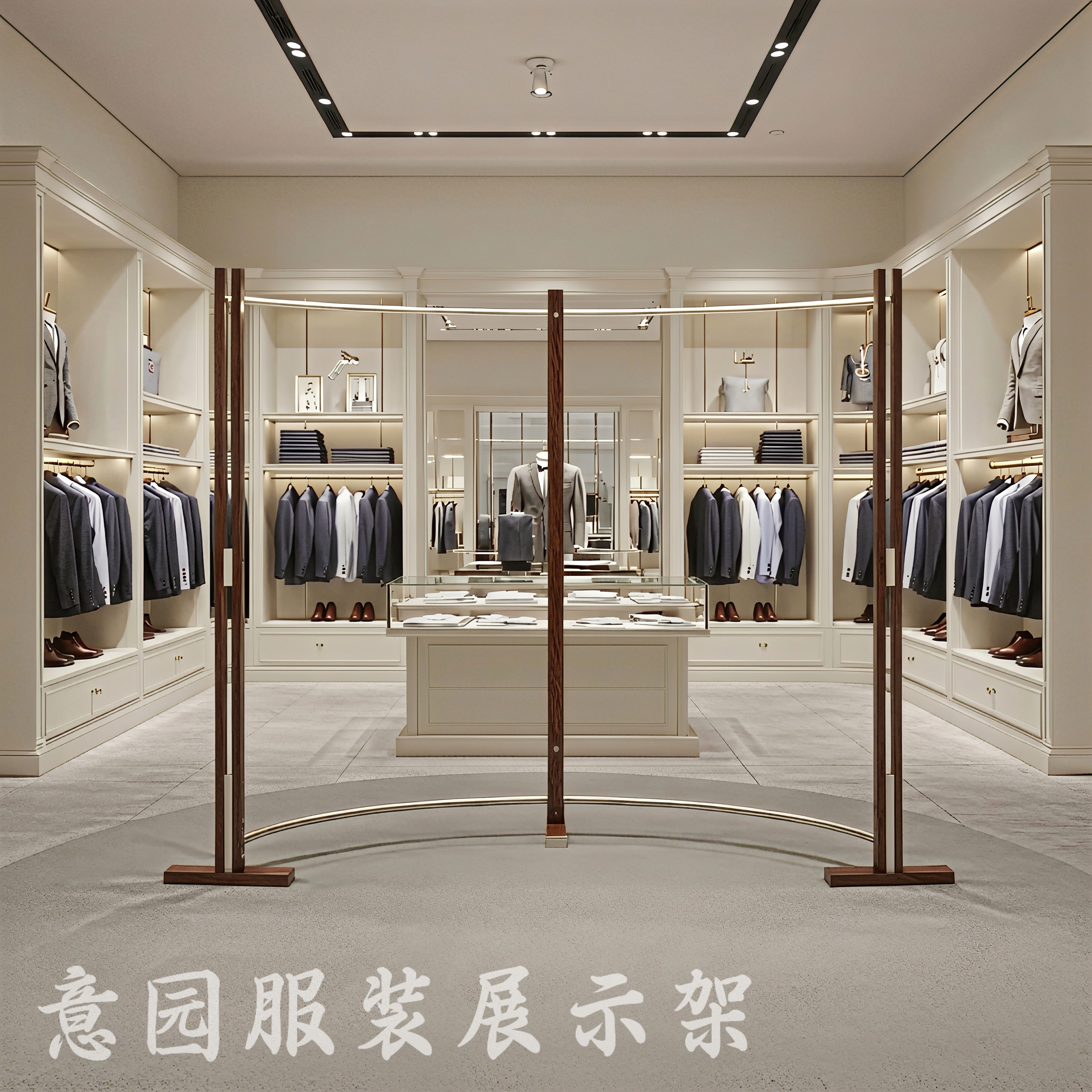 服装店展示架不锈钢中岛挂衣架落地式弧形中古风胡桃木色原木色