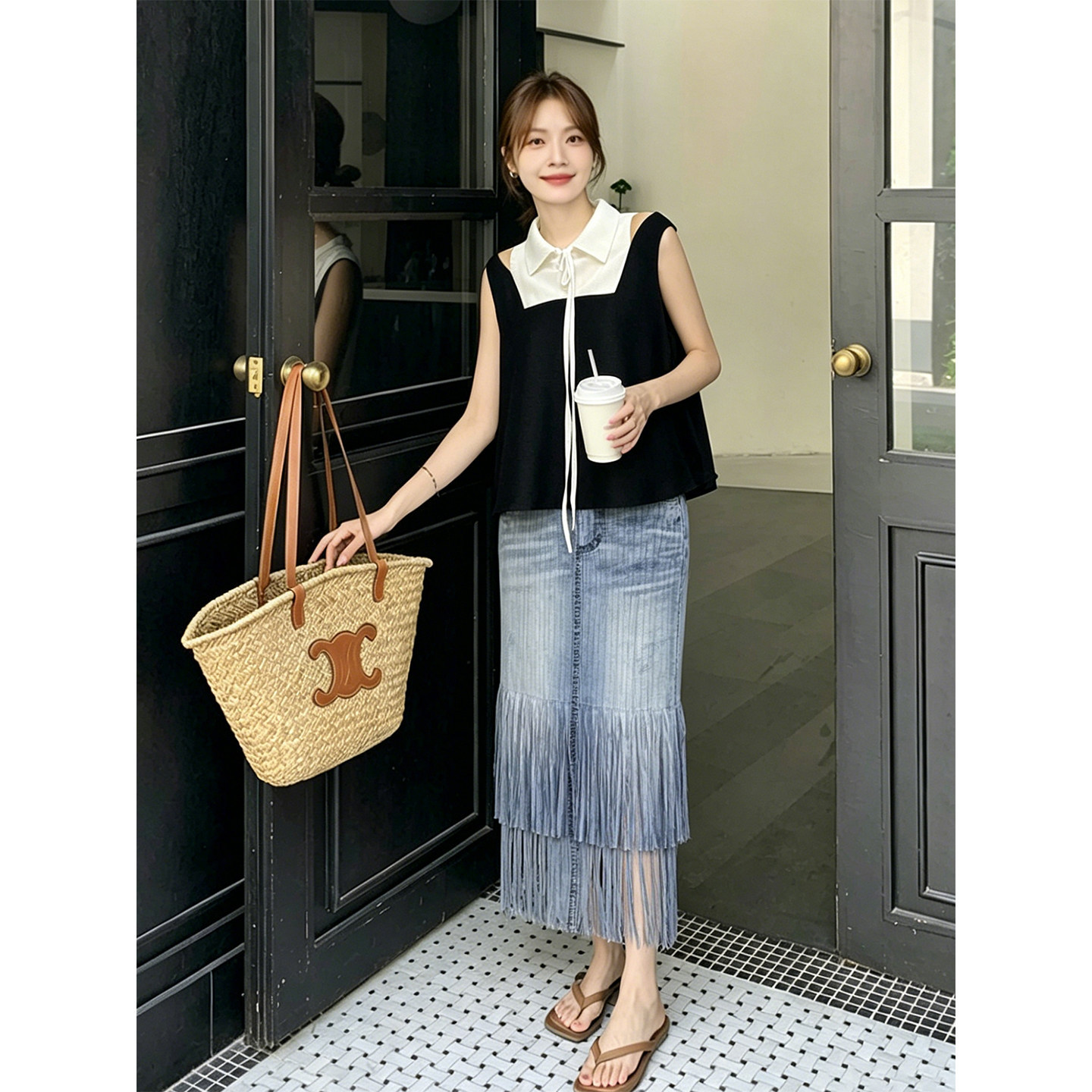 三宅褶皱设计感黑白撞色露肩系带上衣高腰流苏半身裙套装女夏季