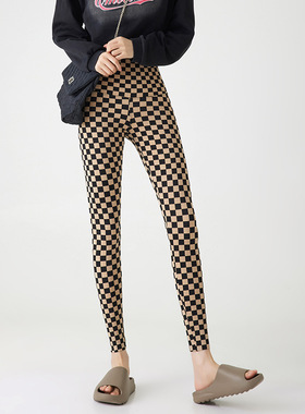 H2902九分棋盘格裤女春秋高腰微喇紧身收腹提臀打底裤